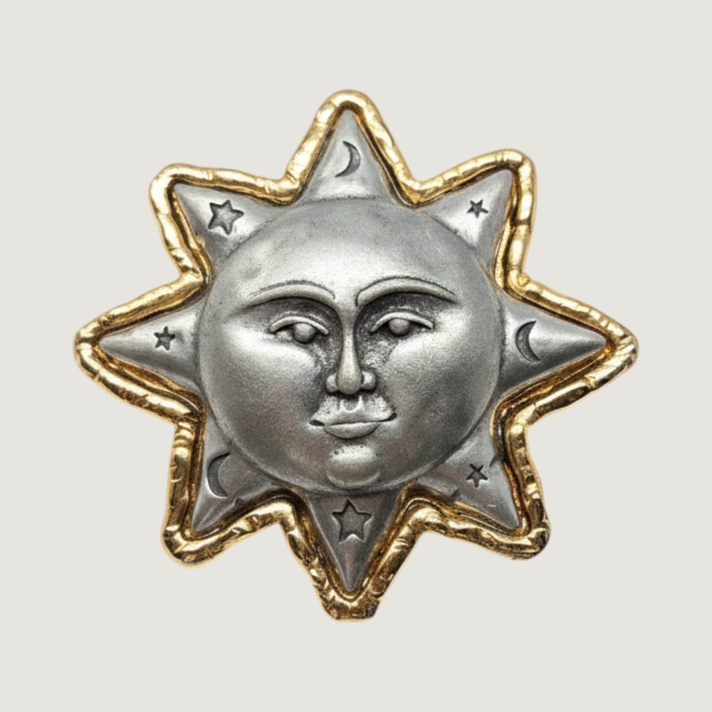 Vintage Sun Face Brooch Celestial Moon Star Pin JJ Jonette Jewelry Mixed Metal